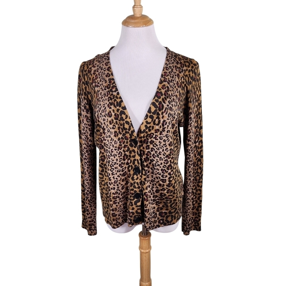 Talbots Leopard Print Cardigan Wool/Cotton Blend Women's Size Large